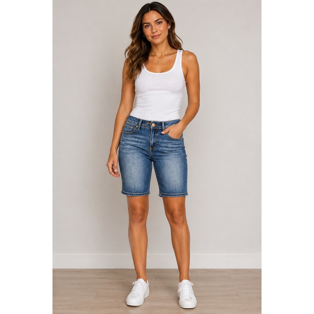 Seven7 Womens Size 10 Denim Bermuda Shorts Stretch Embroidered Pockets Blue Jean